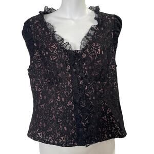 Kenneth Cole Black Lace Blouse Womens 12 Pink Lined Ruffle V Neck Romantic Goth